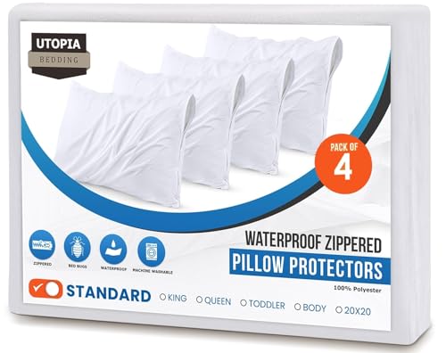 Set of 4 Pillow Protectors with Zipper Standard Size, Bed Bug and Dust Mite Proof Pillow Covers, Ultra Soft Pillow Encasements, Moisture Wicking and Waterproof Pillow Cases by Utopia Bedding (White) - size: Standard (Pack of 4)