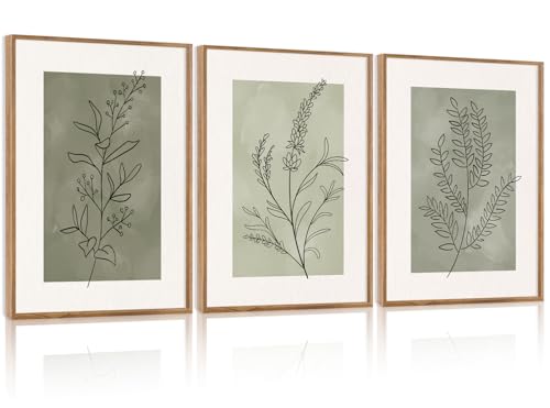 CHDITB Botanical Sage Leaf Framed Canvas Wall Art Set Of 3, Minimalist Wall Decor, Boho Nature Floral Greenery Wall Painting, Neutral Botanical Plant Art Prints For Dining Room Bedroom Decor 12”X16” - color: Flower