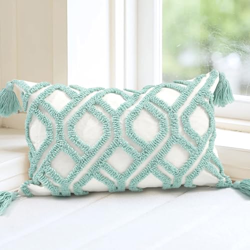 Boho Pillow Covers 12X20 Inch Boho Tufted Throw Pillow Covers Decorative Tassels Cushion Cover Farmhouse Pillow Case for Couch Sofa Bed Living Room Bedroom, Aqua Green - color: Boho Aqua, size: 20" x 12" (Pack of 1)