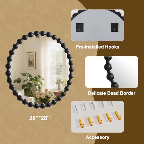 Easly Round Mirror for Wall, 28 Inch Black Beaded Frame Decorative Vanity Mirror, Circle Bathroom Mirror with High-Definition Lense, Modern Wall Decor for Bathroom, Living Room, Bedroom, Entryway - color: Black, size: 28"L x 28"W