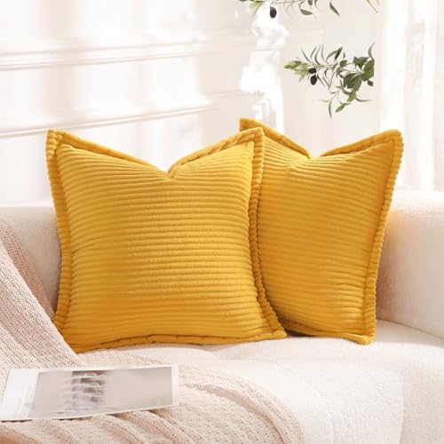 Corduroy Yellow Throw Pillow Covers Set of 2 Striped Boho Decorative with Edge Design,Super Soft Throw Pillow Cushion Covers for Couch Sofa Living Room Solid Square 18×18inch/45cm×45cm - color: Yellow, size: 18" x 18" (Pack of 2)