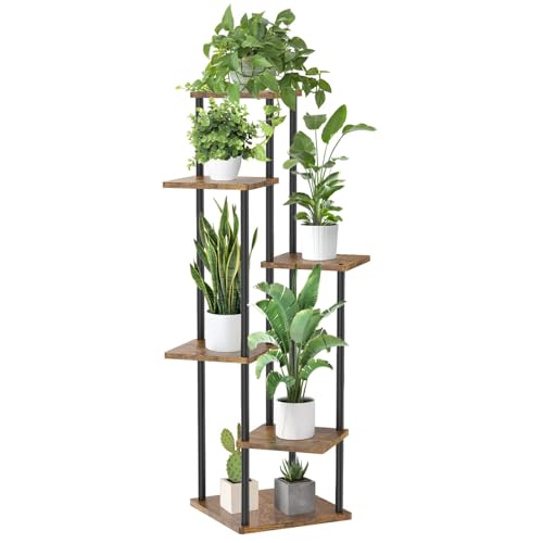 Oppro 6 Tier Tall Plant Stand Indoor Outdoor, Large Wood Metal Planter Shelf Holder for Narrow Corner, Sturdy Vertical Multiple Flower Orchid Pot Decorative Rack for House Living Room Bedroom Office, Rustic Black - color: Black-6 Tier