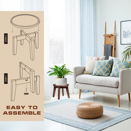 Demigo Indoor Plant Stand, Acacia Wooden Decorative Plant Shelf with Spill-Proof Tray, Stable 8” Tall Flower Holder for Heavy Pots, Gardening Display for Decor Living Room Patio - Dark Brown - color: Dark Brown, size: Medium