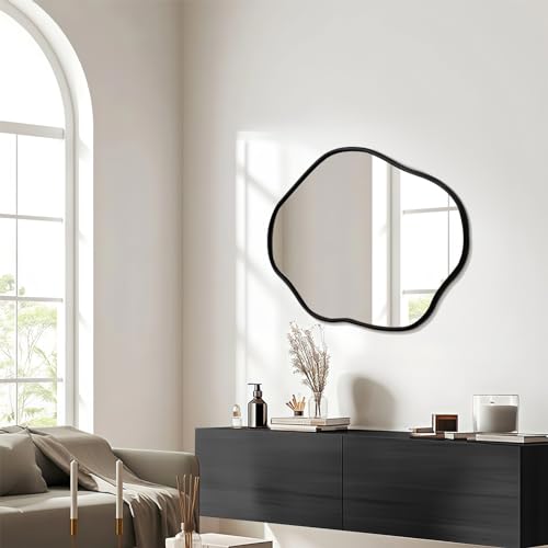 ULIKE Irregular Wall Mirror, 24x36 Inch Black Asymmetrical Mirror with Solid Wood Frame, Abstract Organic Shape Vanity Mirrors for Bathroom Bedroom Living Room Entryway - color: A Black-irregular