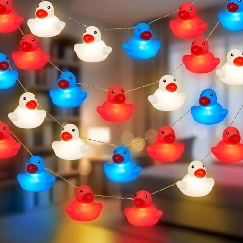 Deekin 20 LED 9.8ft Patriotic Rubber Duck 4th of July Decor LED String Light Battery Operated Red White Blue Duck Fairy Light for Independence Day Bedroom Home Wall Window Yard Decor - color: Red White Blue, size: Patriotic Duck