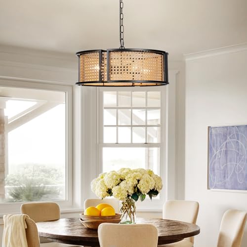 17.7" Farmhouse Rattan Chandelier, 4-Light Large Bohemian Pendant Hanging Light Fixture, Hand Woven Boho Chandelier for Dining Room, Living Room, Kitchen Island, Bedroom, Hallway, Foyer