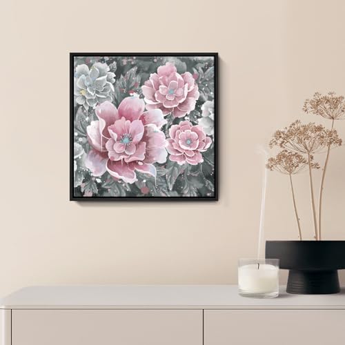 Pink Wall Art Bathroom Décor Modern Framed Floral Wall Picture Black and White Artwork Peony Flower Canvas Print for Bedroom Office Dining Room Décor Small - color: Pink Wall Art, size: 13.5"L x 13.5"W