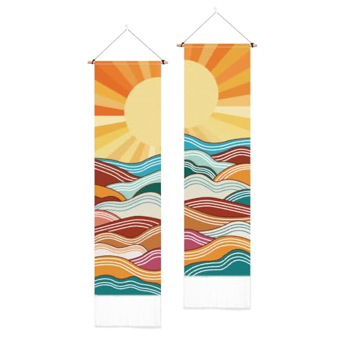 PLIGREAT 2 Pack Bohemia Sunrise Tapestry Abstract Ocean Waves Wall Hanging with Tassels Vertical Nature Wall Tapestry for Living Room Bedroom Bathroom Long Narrow Home Hanging Decor, 46" x 13" - color: Yellow and Red