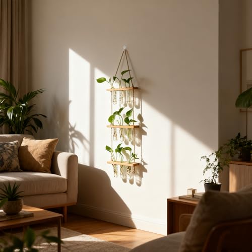 Hyindoor Wall Hanging Propagation Stations 3 Tired Wall Planter Terrarium with Wooden Stand and Glass Test Tubes Plant Hanger Flower Vase for Home Office Wall Decor Hydroponic Cuttings - size: Medium-9 Tubes