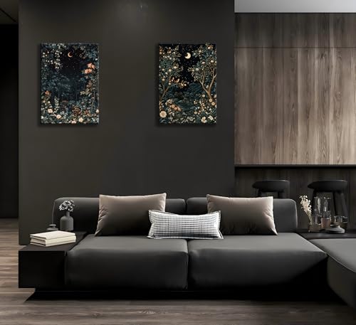 2Psc Vintage Dark Moon Botanical Framed Canvas Wall Art Dark Flower Painting Picture Wall Decor William Morris Night Fores Poster Print Artwork for Bedroom Living Home Decoration12x16 Inch - color: YUELIANGHUAHUI, size: 16"L x 12"W