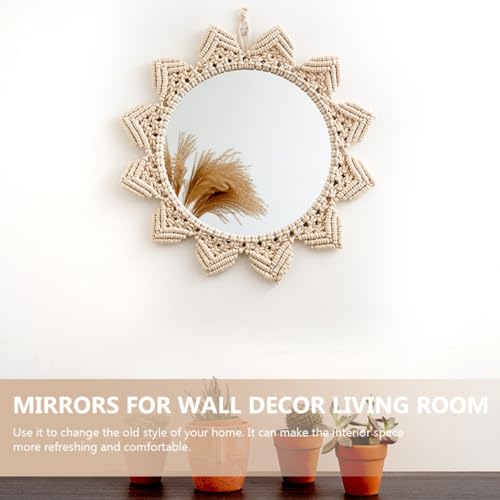 PRETYZOOM Bohemian Style Round Hanging Mirror Woven Cotton Rope Elegant Wall Decor for Bedroom Bathroom Living Unique Handmade Design for Rustic and