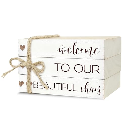 Ycyfckdr Decorative Wood Book Stack for Home, Welcome to Our Beautiful Chaos, Rustic Table and Living Room Bookshelf Farmhouse Decor (L69) - color: Welcome 5