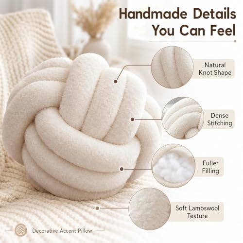 Petrella Beige Knot Pillow Ball, Handmade Soft Lambswool Round Throw Pillow for Chair, Couch and Neutral Room Decor, Small Decorative Pillows, Knotted Accent Cushion, 8 Inch - color: Beige, size: 8inch