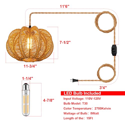 Plug in Pendant Light Rattan Hanging Lights with Plug in Cord 15FT Hemp Rope Cord, Dimmable Switch – Indoor Hanging Lamps for Boho Living Room Bedroom（Bulb Included） 11 x 7 inch - color: Cactus Shaped(Dimmable)