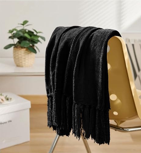 Chenille Throw Blanket for Couch 50"X 60", Soft Cozy Throws with Fringe Tassel for Bed Sofa Chair Cover, Lightweight Knitted Decorative Boho Blankets for Living Room, Black - color: Black, size: 50x60 inch