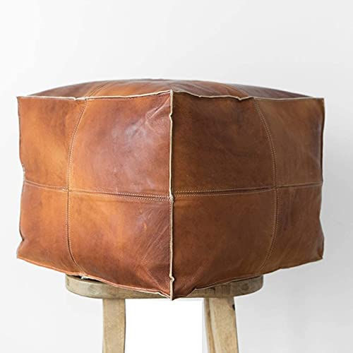 ARTOUARZAZATE Square Leather Pouf - Moroccan Pouf - Genuine Goatskin Leather - Bohemian Living Room Decor - Hassock & Ottoman Footstool - Unstuffed (Brown, 18" D x 18" W x 14" H) - color: Brown