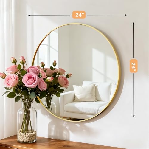 24 Inch Round Bathroom Mirror for Wall, Matte Gold Metal Framed | Circle Vanity Mirror for Bathroom Bedroom Living Room Entryway, Anti-Rust, Tempered Glass, Hanging or Leaning - color: Matte Gold, size: 24"L x 24"W, style: Round
