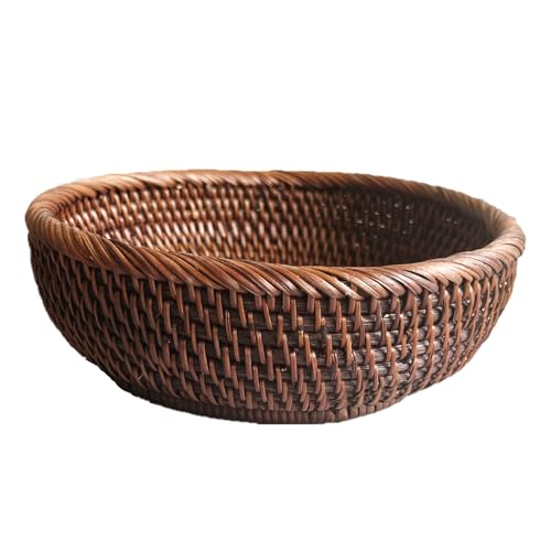 8 Inch Round Rattan Bowl Basket, Handmade Wicker Basket Tray with Scalloped Edge and 3”Deep Wall, Decorative Woven Dark Brown Bread Basket Fruit Bowl Key Holder Table Centerpiece, S - color: S - D7.9 x H2.4 inch