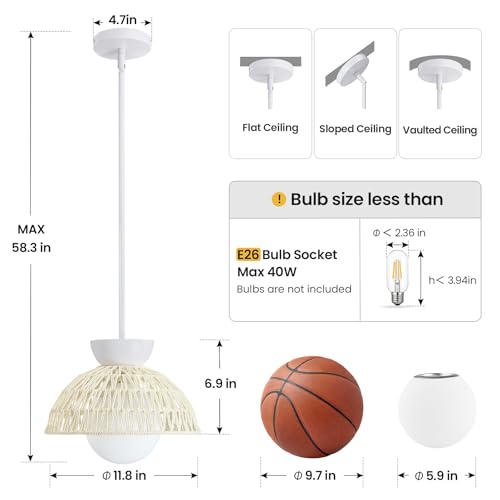AIJIASI Rattan Pendant Light, 11.8" Hand Woven Boho Pendant Light Fixture with Milk Glass Globe, Gold Kitchen Pendant Lighting Over Island Adjustable Chandelier for Dining Room Hallway Foyer - color: White