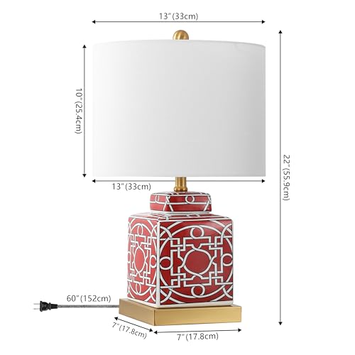 JONATHAN Y 22" Red/White Modern Ceramic Ginger Jar Table Lamp for Nightstand, Square Lattice Transitional Chinoiserie Lamp for Living Room, White Linen Shade, LED Bulb (JYL3044B) - color: Red/White