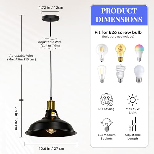 1-Pack Pendant Light Fixtures, Industrial Hanging Light with Metal Shade, Farmhouse Pendant Lighting for Kitchen Island, Hallway, Dining Room, Black & Gold - color: Metal Shade 1-Light (Black and Gold)