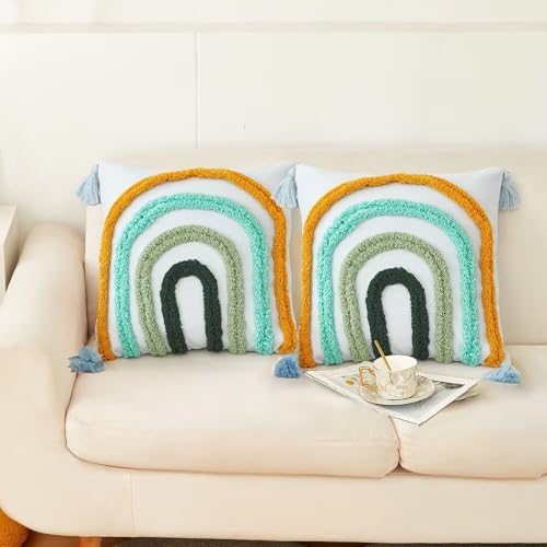 Set of 2 Boho Rainbow Decorative Textured Throw Pillow Covers 18x18 Farmhouse Colorful Tufted Pillow Covers with Tassels Woven Cushion Case for Sofa Bed Living Room Hallowmas Blue - color: Blue, size: 18" x 18" (Pack of 2)