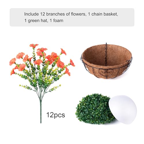 Artificial Fall Flowers Fake Hanging Plants Flowers Basket for Outdoors Autumn Decoration, Orange Silk Morning Glory with Eucalyptus Look Real UV Resistant Faux Flowers for Outside Porch Patio Balcony - color: Orange