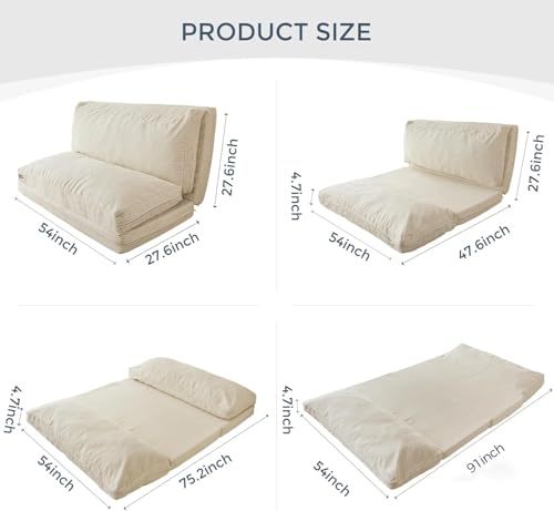 MAXYOYO Folding Sofa Bed, Extra Thick and Long Floor Sofa Convertible Chair with Washable Cover, Floor Couch Lounge Bean Bag Bed for Living Room, Beige, 54x91 Inch - color: Beige, size: Classic Full