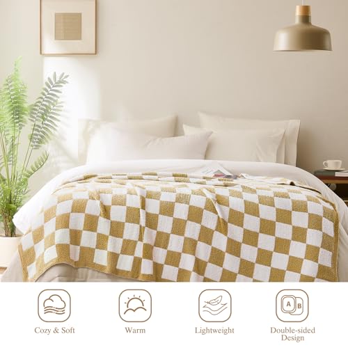 Checkered Throw Blanket, Khaki Soft Cozy Fluffy Knitted Throw Blankets for Couch, Sofa, Bed, Chair, Warm Fuzzy Travel Picnic Lightweight Plaid Blanket, 50x70 inches - color: Khaki, size: 50×70 Inch