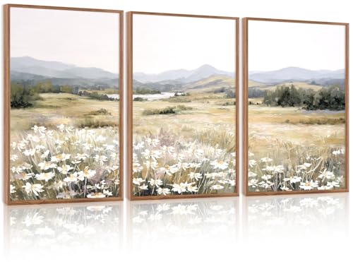 KAIRNE Landscape Canvas Wall Art,Boho Floral Prints Set of 3(16”X24”),Flower Garden Paintings,Wildflower Field Scene Wall Decor,Botanical Art for Living Room Bedroom Kitchen Farmhouse Decor,Framed - color: Boho Floral(medium), size: 16"Lx24"W