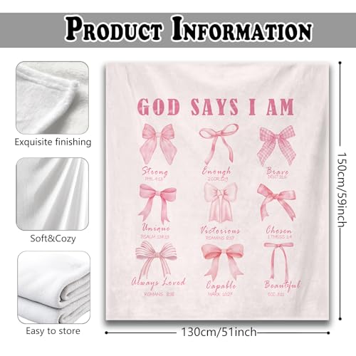 Coquette Pink Bow Christian Throw Blanket for Couch, Christian Gifts for Women Girls, God Says I Am Bible Verse Throw Blanket for Girls Bedroom Living Room Home Decoration, 50x60 Inches - color: Color_13