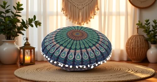 Round Mandala Floor Pillow Cover Seating Cushion Throw Cover Hippie Decorative Bohemian Ottoman Pouf Cover, Pom Pom Pillow Cases,Boho Indian 22 Inches (Blue) - color: Blue