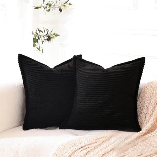 Corduroy Black Throw Pillow Covers Set of 2 Striped Boho Decorative with Edge Design,Super Soft Throw Pillow Cushion Covers for Couch Sofa Living Room Solid Square 18×18inch/45cm×45cm - color: Black, size: 18" x 18" (Pack of 2)