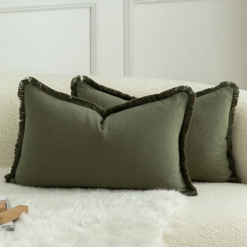 MANDIOO Set of 2 Neutral Cotton Fringe Throw Pillow Covers Decorative Boho Farmhouse Cushion Covers Cozy Tassels Pillowcase for Couch Sofa Bedroom Living Room Home Decor 12x20 Inch Olive Green - color: Olive Green, size: 20" x 12" (Pack of 2)