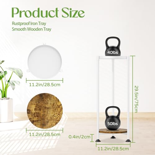 iDavosic.ly 2 Tier Corner Plant Stand Indoor, 30 Inch Tall Vertical Metal Flower Heavy Duty Pot Holder Shelf Outdoor for Patio Porch Living Room, White & Rustic Brown - Round - color: White, size: 2 Tiers