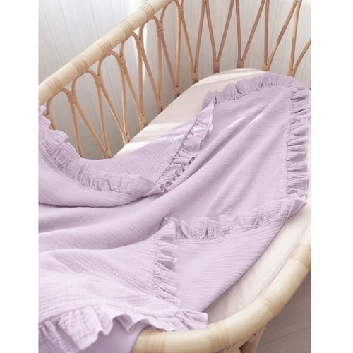 Konssy Flounce Muslin Baby Blanket for Girls Boys, 100% Cotton Soft Crib Swaddle Blankets, Reversible & Breathable Nursery Bedding for Newborns Toddlers, 43x39 Inches (Purple) - color: Purple, size: 43"x39"