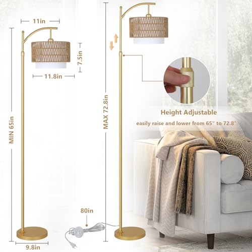 Gold Floor Lamps for Living Room with Remote & Dimmable LED Bulb, Modern Arc Floor Lamp with 3 Color Temperatures, Boho Standing Lamp with Rattan & Fabric Shades, Adjustable Tall Lamp for Bedroom - style: Rustic-Gold