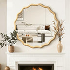 Circle Wood Mirrors for Wall, Wavy Round Bathroom Scalloped Mirror Wooden Frame 28 Inch for Living Room Farmhouse Bedroom Hallway Entryway Living Room with Shatterproof Glass Wall Mounted - size: 28"L x 28"W