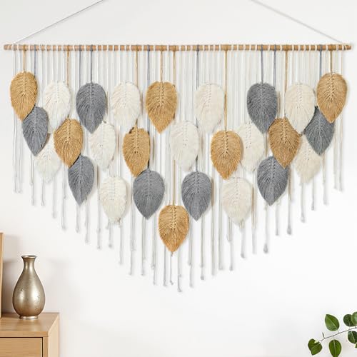 KHOYIME Large Macrame Wall Hanging Boho Woven Tapestry, Chic Modern Home Decor Bohemian Farmhouse Handmade Leaf Feather Wall Art Decorations for Living Room Bedroom Nursery Dorm Backdrop 51.5"W X 33.5"L - color: Yellow-51.5"W x 33.5"L
