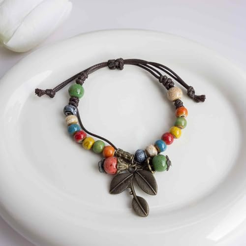 Handmade Green Boho Bracelets for Women, Bohemian Ceramic Beads Bracelets for Friends, Trendy Porcelain Stone Beaded Bracelets for Sisters - color: Colorful-Leaf