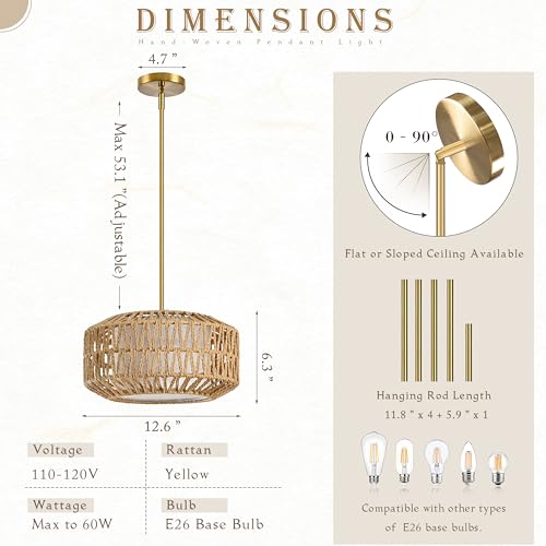 12.6 inch Natural Rattan Light Fixture Woven Pendant Lights Rustic Light Fixtures Fabric Shade Boho Chandelier for Dinning Room Kitchen (Bulb Incl.) - color: 12.6"-Natural-Prism