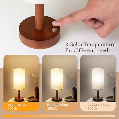 LALISU Small Table Lamp Nightstand Lamp Linen Lampshade Bedroom Wood Base Small Bedside Lamp for Night Stands, Desk Lamps for Reading Living Room, Office (LED Bulb Included) (Walnut Wood Cordless(2)) - color: Walnut Wood Cordless(2)