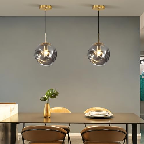 Modern Smoke Gray Concave Glass Pendant Light, 2-Pack Kitchen Island Lighting Single Globe Pendant Light Fixtures Century Kitchen Island Pendant Light for Bedroom Dining Room Light (Without Bulbs) - color: AX-Smoky Gray-1 Light-2PC