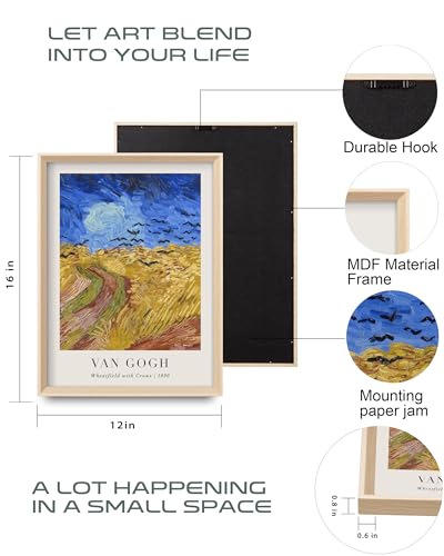 HesenDot Van Gogh Framed Wall Art Set of 3, 12x16 Inch Canvas Prints, Wheatfield, Sunflowers, Landscape Paintings, Vintage Artwork Posters Home Decoration for Living Room Bedroom Gallery Office - color: Framed Van Gogh Landscape Set, size: 16"L x 12"W