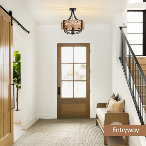 Rattan Modern Farmhouse Chandelier Small, 16.5" 4 Lights Boho Pendant Light with Hand Woven Wicker Shade, 4-Light Rustic Interior Ceiling Light Fixture for Foyer Hallway Entryway Kitchen Island - color: V-Weave Round Rattan, size: Small 4 light 16.5 inche