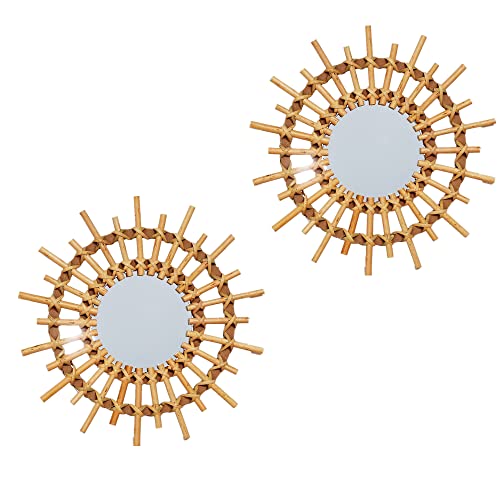 OYPEIP 2 Pack 11" Rattan Innovative Art Decoration Round Makeup Mirror Dressing Bedroom Bathroom Wall Hanging Mirrors Craft Photo Props… - color: Style-2