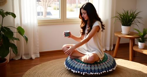 Round Mandala Floor Pillow Cover Seating Cushion Throw Cover Hippie Decorative Bohemian Ottoman Pouf Cover, Pom Pom Pillow Cases,Boho Indian 22 Inches (Blue) - color: Blue