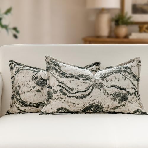 MATTINS Neutral Marble Pillow Covers 12x20 Set of 2, Modern Textured Lumbar Pillow Covers, Luxury Farmhouse Olive Green Pillow Cover, Boho Patterned Decorative Pillow Cover for Couch Sofa Gift Pack - color: Olive Green, size: 20" x 12" (Pack of 2)