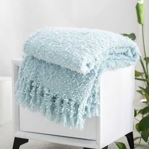 Winter Knit Throw Blanket Fluffy Fuzzy Soft Lightweight Cozy Farmhouse Tassels Chunky Knitted Throws for Couch Sofa Bed (Dream Blue, 50"x60") - color: Dream Blue, size: 50"x60"