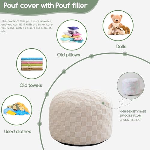 HIGOGOGO Round Stuffed Pouf Ottoman, Plaid Poufs with Foam Chunk Filling, Fluffy and Furry Pouf Foot Stool Storage Ottoman, 20 X 15 Floor Poufs Foot Rest for Living Room, Beige - color: Plaid Beige, size: 20"D x 20"W x 15"H